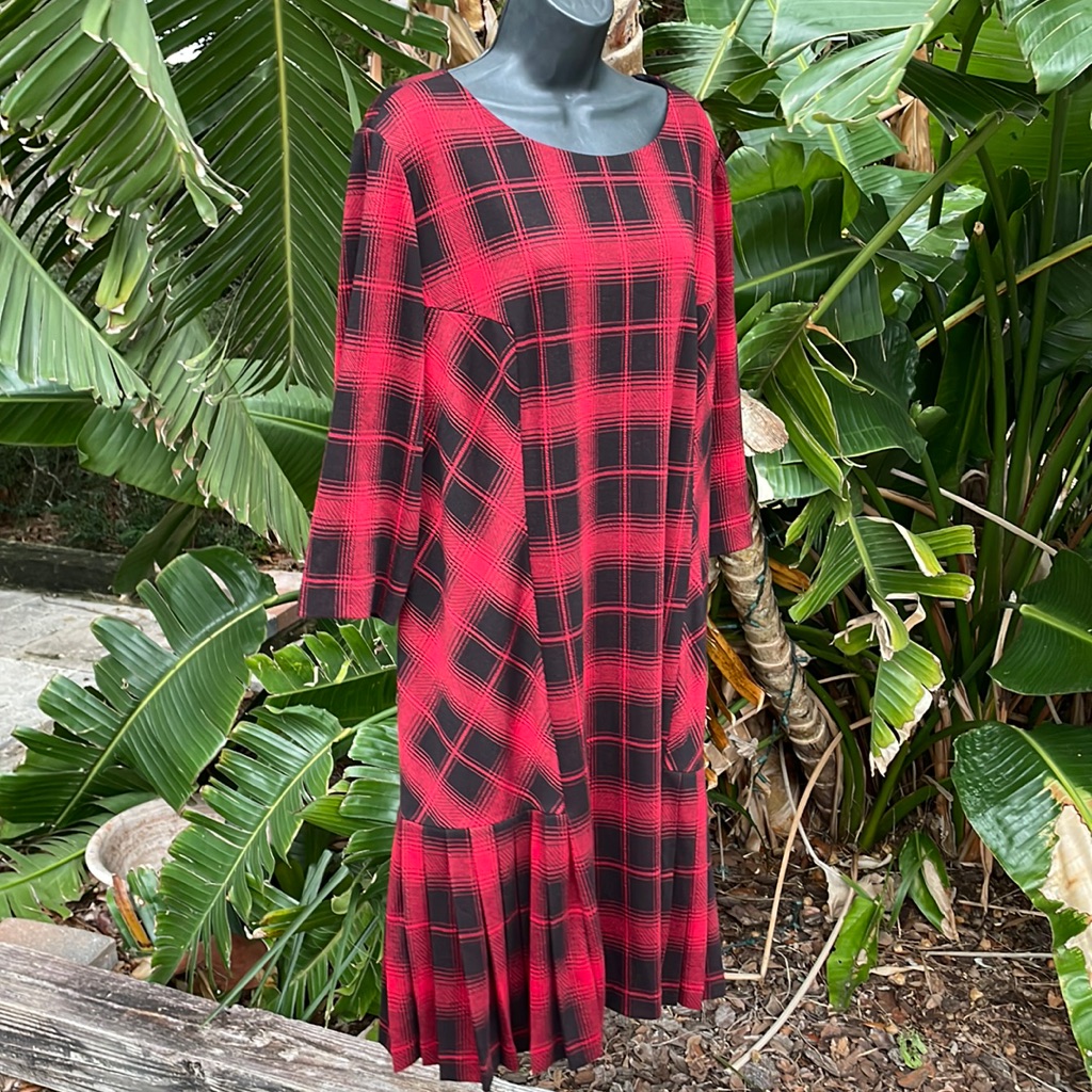 Tahari Pleated Plaid Drop Waist Dress